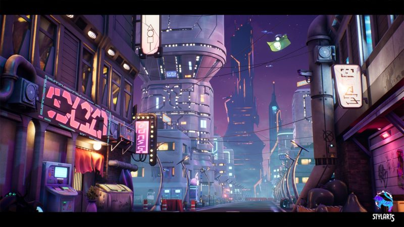 模块化赛博朋克街道场景（风格化） – Modular Stylized Cyberpunk Street